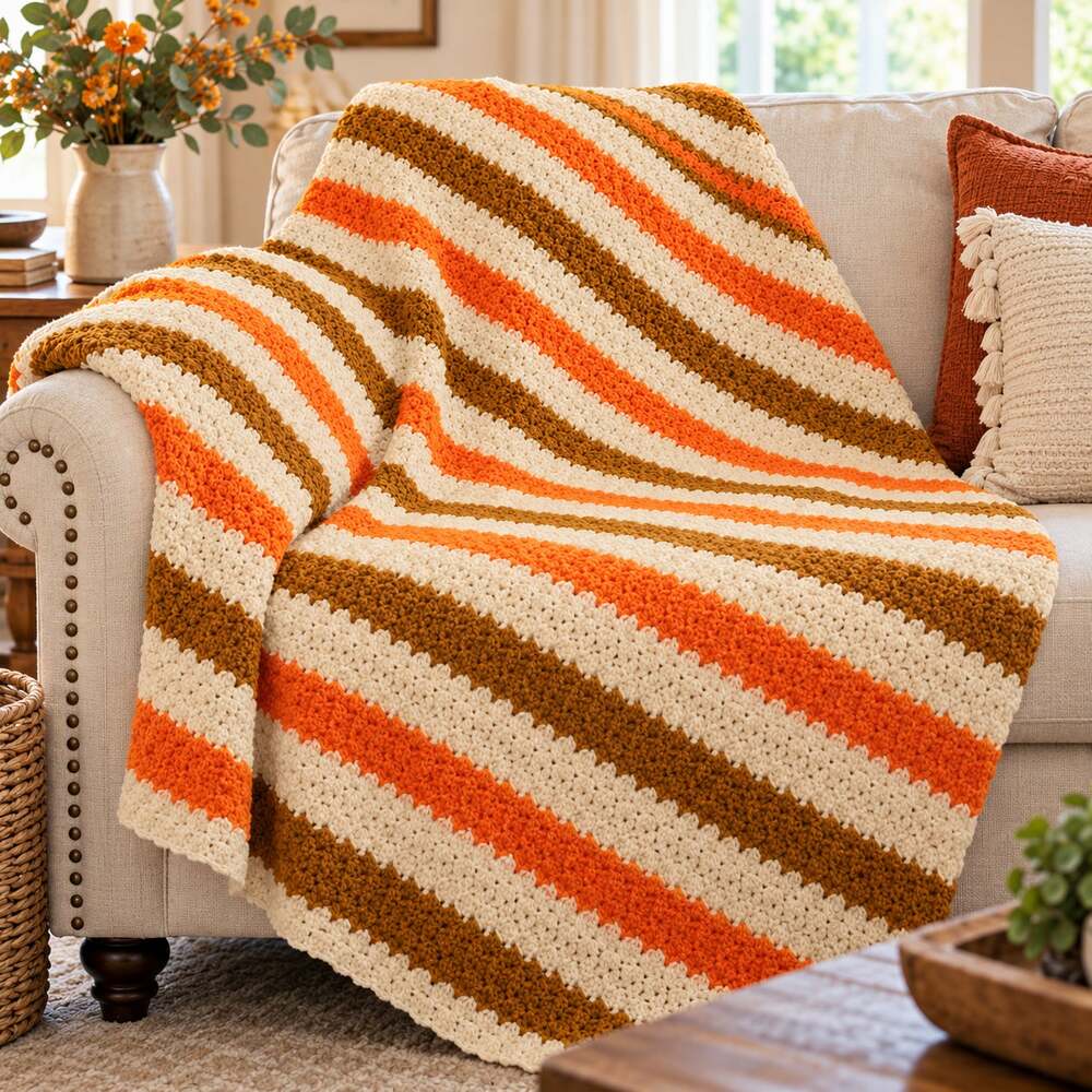 Handmade Crochet Afghan Throw Blanket Retro 70s Style Orange Brown 48x76